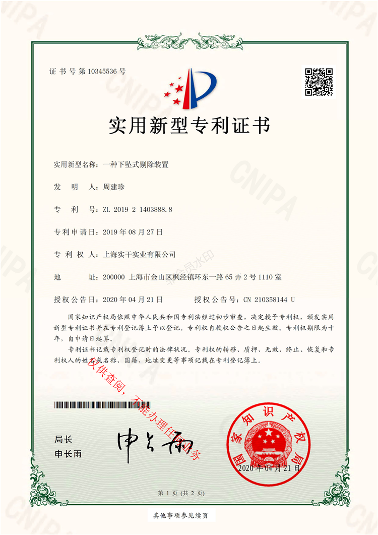 下坠式剔除装置专利
